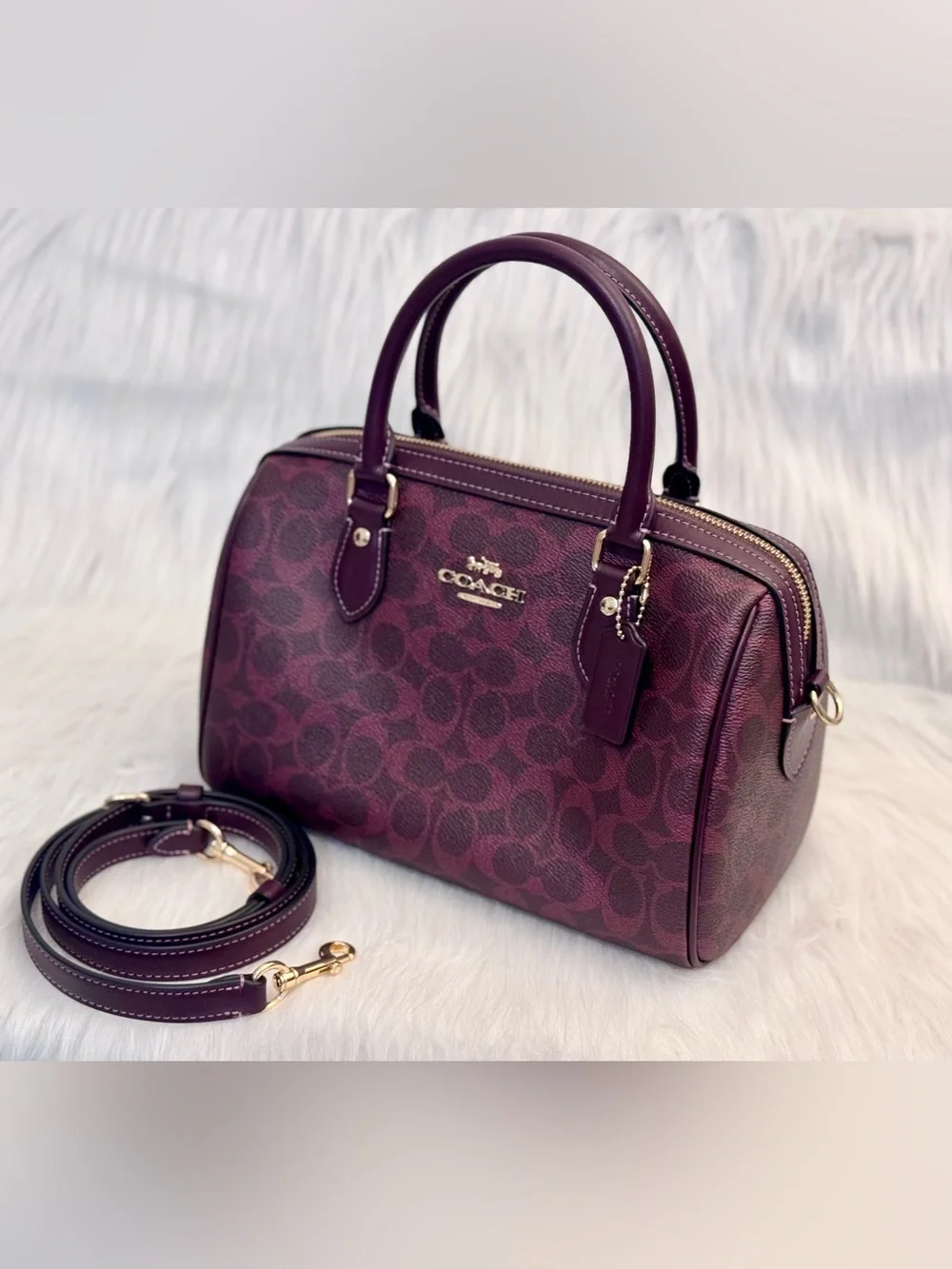 NWT Coach CV961 Rowan Satchel Bag In Signature Canvas Black Currant Color